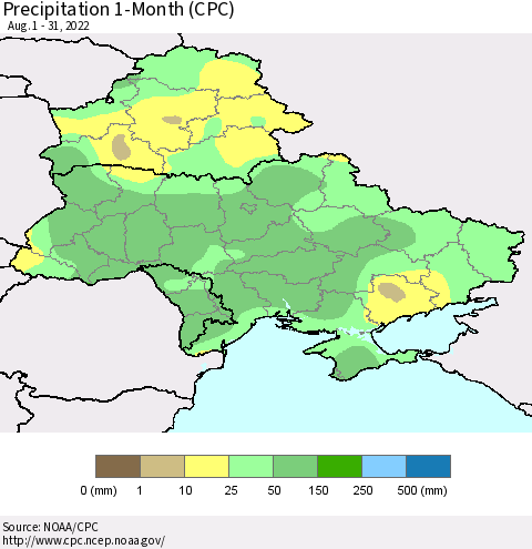 Ukraine, Moldova and Belarus Precipitation 1-Month (CPC) Thematic Map For 8/1/2022 - 8/31/2022