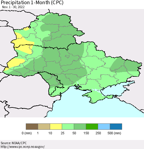 Ukraine, Moldova and Belarus Precipitation 1-Month (CPC) Thematic Map For 11/1/2022 - 11/30/2022