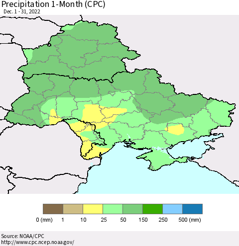 Ukraine, Moldova and Belarus Precipitation 1-Month (CPC) Thematic Map For 12/1/2022 - 12/31/2022