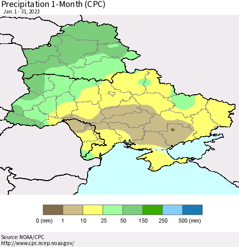 Ukraine, Moldova and Belarus Precipitation 1-Month (CPC) Thematic Map For 1/1/2023 - 1/31/2023