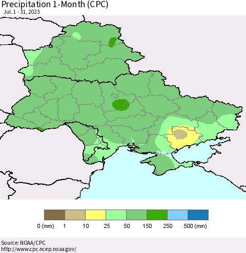 Ukraine, Moldova and Belarus Precipitation 1-Month (CPC) Thematic Map For 7/1/2023 - 7/31/2023