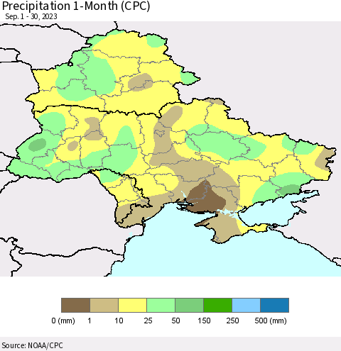 Ukraine, Moldova and Belarus Precipitation 1-Month (CPC) Thematic Map For 9/1/2023 - 9/30/2023
