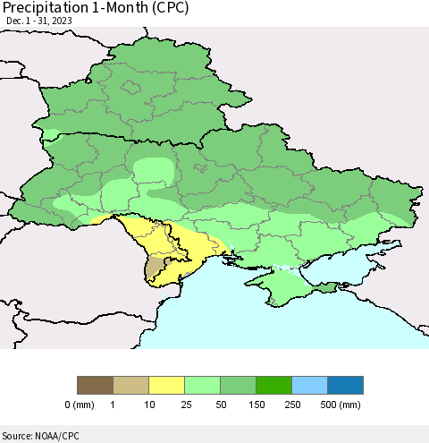 Ukraine, Moldova and Belarus Precipitation 1-Month (CPC) Thematic Map For 12/1/2023 - 12/31/2023
