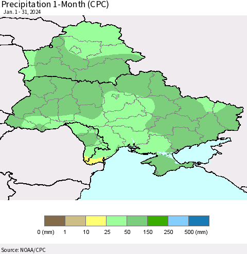 Ukraine, Moldova and Belarus Precipitation 1-Month (CPC) Thematic Map For 1/1/2024 - 1/31/2024