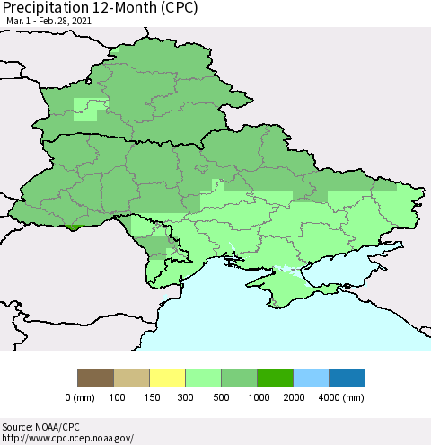 Ukraine, Moldova and Belarus Precipitation 12-Month (CPC) Thematic Map For 3/1/2020 - 2/28/2021
