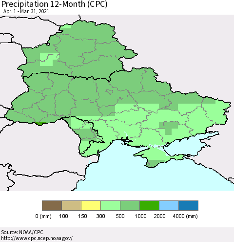 Ukraine, Moldova and Belarus Precipitation 12-Month (CPC) Thematic Map For 4/1/2020 - 3/31/2021