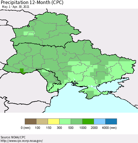 Ukraine, Moldova and Belarus Precipitation 12-Month (CPC) Thematic Map For 5/1/2020 - 4/30/2021