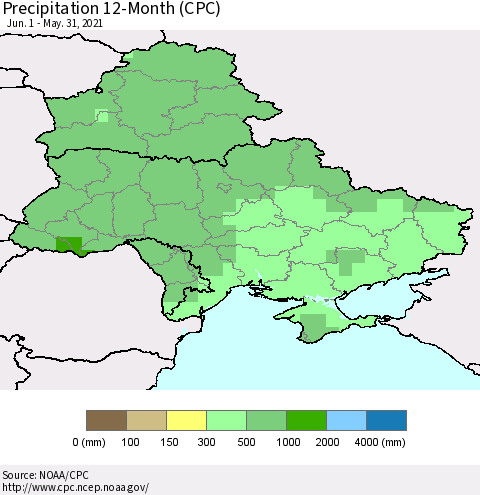 Ukraine, Moldova and Belarus Precipitation 12-Month (CPC) Thematic Map For 6/1/2020 - 5/31/2021