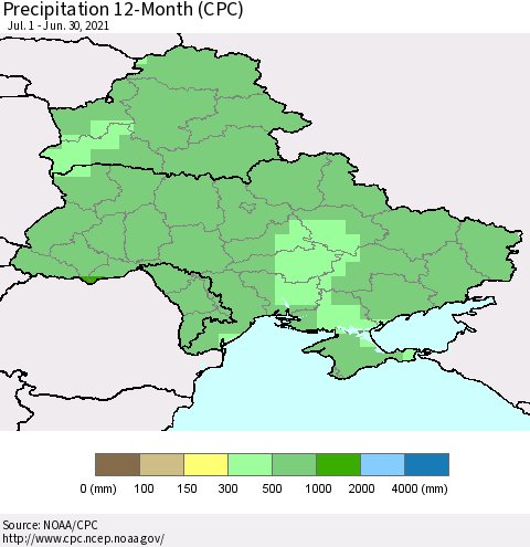 Ukraine, Moldova and Belarus Precipitation 12-Month (CPC) Thematic Map For 7/1/2020 - 6/30/2021