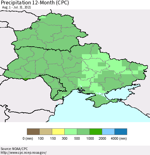 Ukraine, Moldova and Belarus Precipitation 12-Month (CPC) Thematic Map For 8/1/2020 - 7/31/2021