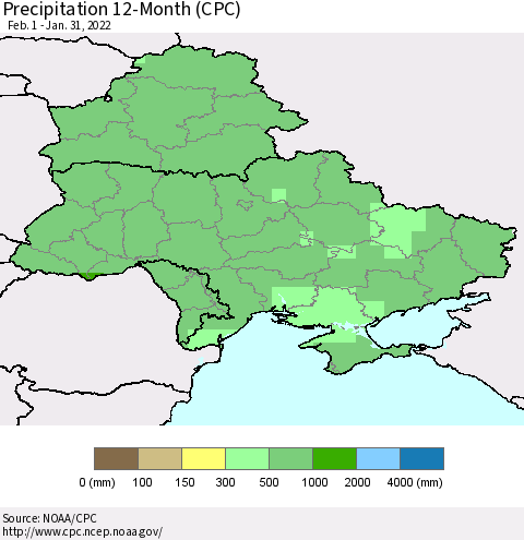 Ukraine, Moldova and Belarus Precipitation 12-Month (CPC) Thematic Map For 2/1/2021 - 1/31/2022