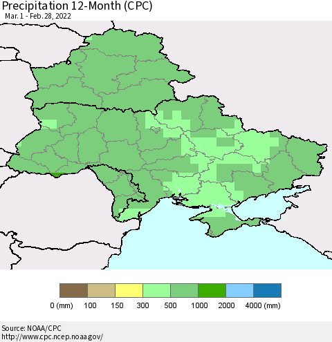 Ukraine, Moldova and Belarus Precipitation 12-Month (CPC) Thematic Map For 3/1/2021 - 2/28/2022