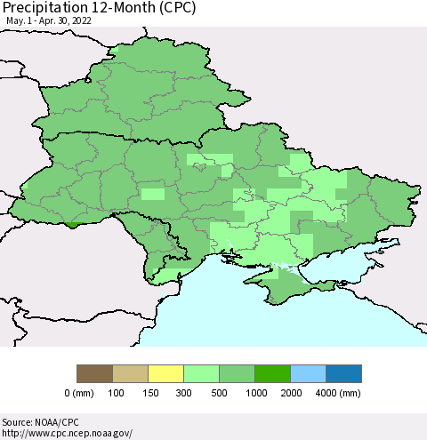 Ukraine, Moldova and Belarus Precipitation 12-Month (CPC) Thematic Map For 5/1/2021 - 4/30/2022