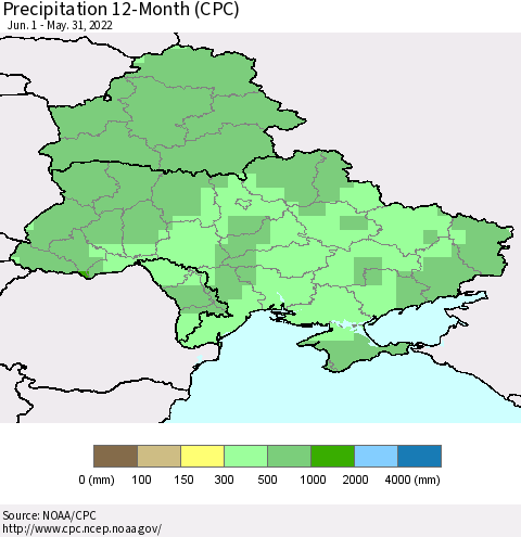 Ukraine, Moldova and Belarus Precipitation 12-Month (CPC) Thematic Map For 6/1/2021 - 5/31/2022