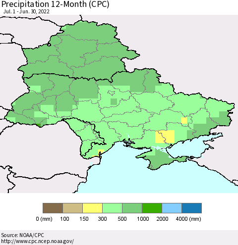 Ukraine, Moldova and Belarus Precipitation 12-Month (CPC) Thematic Map For 7/1/2021 - 6/30/2022