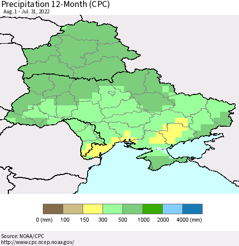 Ukraine, Moldova and Belarus Precipitation 12-Month (CPC) Thematic Map For 8/1/2021 - 7/31/2022