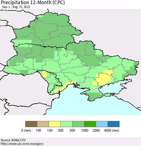 Ukraine, Moldova and Belarus Precipitation 12-Month (CPC) Thematic Map For 9/1/2021 - 8/31/2022