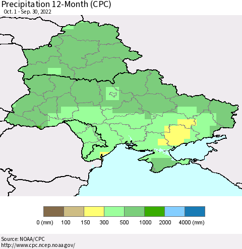 Ukraine, Moldova and Belarus Precipitation 12-Month (CPC) Thematic Map For 10/1/2021 - 9/30/2022