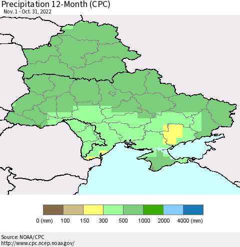 Ukraine, Moldova and Belarus Precipitation 12-Month (CPC) Thematic Map For 11/1/2021 - 10/31/2022