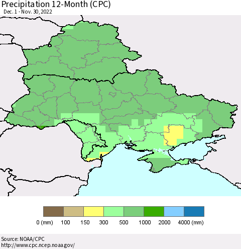 Ukraine, Moldova and Belarus Precipitation 12-Month (CPC) Thematic Map For 12/1/2021 - 11/30/2022