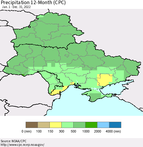 Ukraine, Moldova and Belarus Precipitation 12-Month (CPC) Thematic Map For 1/1/2022 - 12/31/2022