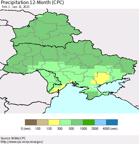 Ukraine, Moldova and Belarus Precipitation 12-Month (CPC) Thematic Map For 2/1/2022 - 1/31/2023