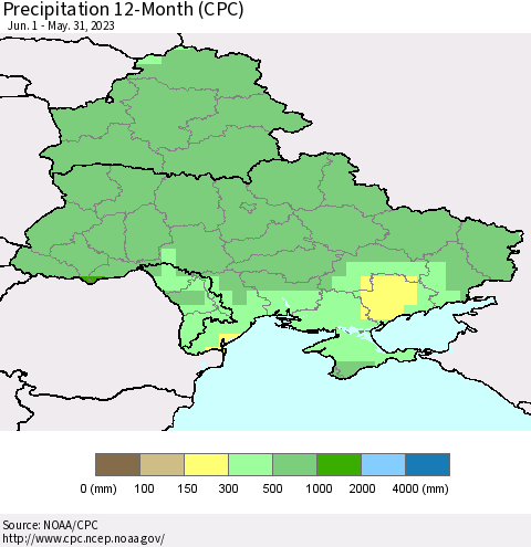 Ukraine, Moldova and Belarus Precipitation 12-Month (CPC) Thematic Map For 6/1/2022 - 5/31/2023