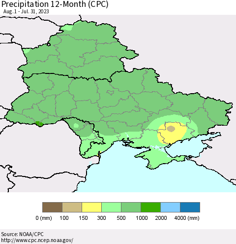 Ukraine, Moldova and Belarus Precipitation 12-Month (CPC) Thematic Map For 8/1/2022 - 7/31/2023