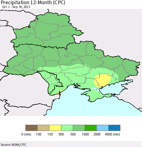 Ukraine, Moldova and Belarus Precipitation 12-Month (CPC) Thematic Map For 10/1/2022 - 9/30/2023