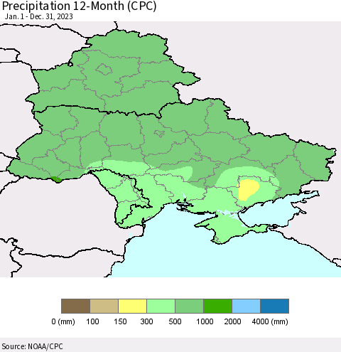 Ukraine, Moldova and Belarus Precipitation 12-Month (CPC) Thematic Map For 1/1/2023 - 12/31/2023