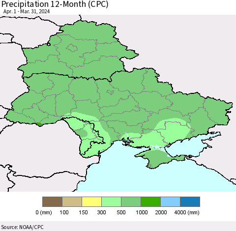 Ukraine, Moldova and Belarus Precipitation 12-Month (CPC) Thematic Map For 4/1/2023 - 3/31/2024