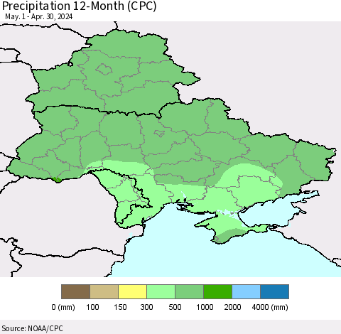 Ukraine, Moldova and Belarus Precipitation 12-Month (CPC) Thematic Map For 5/1/2023 - 4/30/2024