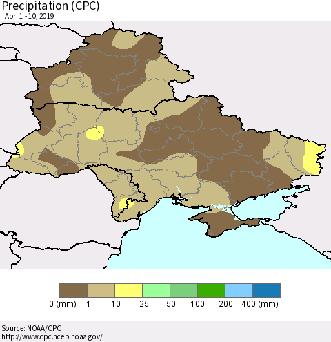 Ukraine, Moldova and Belarus Precipitation (CPC) Thematic Map For 4/1/2019 - 4/10/2019