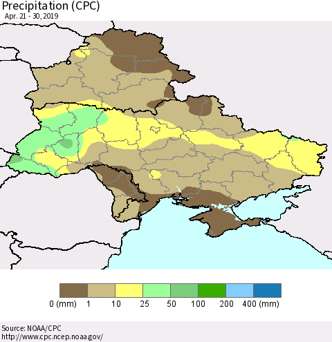 Ukraine, Moldova and Belarus Precipitation (CPC) Thematic Map For 4/21/2019 - 4/30/2019