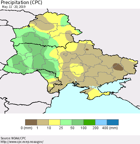Ukraine, Moldova and Belarus Precipitation (CPC) Thematic Map For 5/11/2019 - 5/20/2019