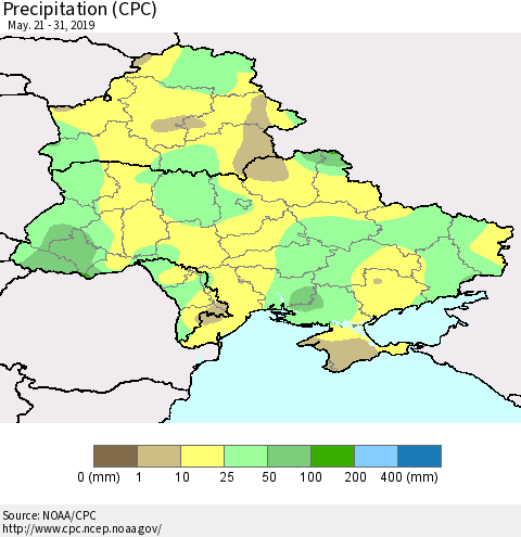 Ukraine, Moldova and Belarus Precipitation (CPC) Thematic Map For 5/21/2019 - 5/31/2019