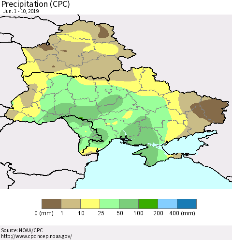 Ukraine, Moldova and Belarus Precipitation (CPC) Thematic Map For 6/1/2019 - 6/10/2019