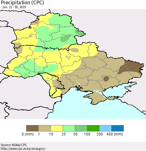 Ukraine, Moldova and Belarus Precipitation (CPC) Thematic Map For 6/21/2019 - 6/30/2019