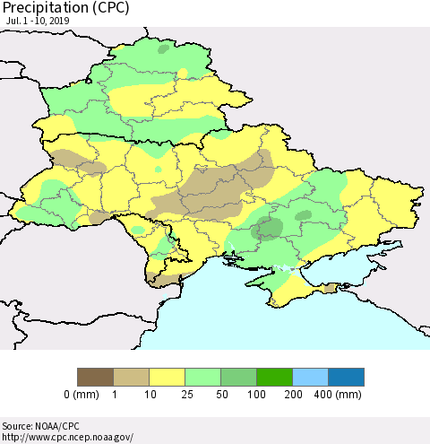 Ukraine, Moldova and Belarus Precipitation (CPC) Thematic Map For 7/1/2019 - 7/10/2019
