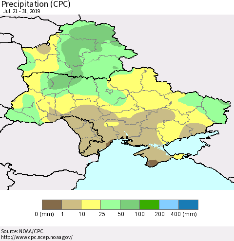 Ukraine, Moldova and Belarus Precipitation (CPC) Thematic Map For 7/21/2019 - 7/31/2019