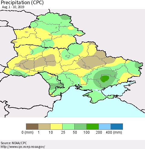 Ukraine, Moldova and Belarus Precipitation (CPC) Thematic Map For 8/1/2019 - 8/10/2019