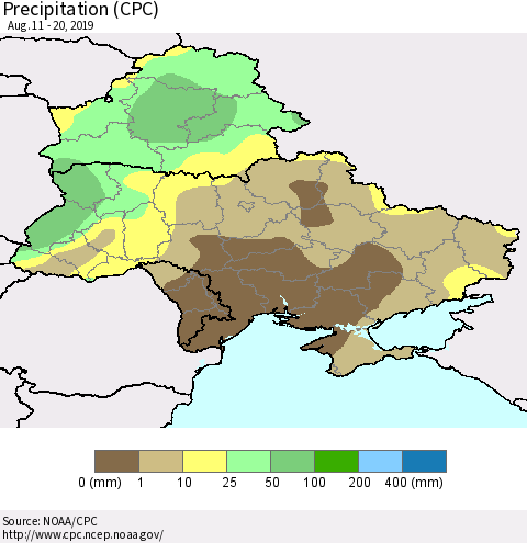 Ukraine, Moldova and Belarus Precipitation (CPC) Thematic Map For 8/11/2019 - 8/20/2019