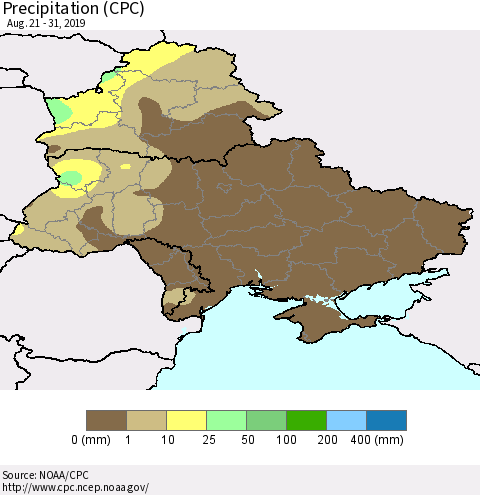 Ukraine, Moldova and Belarus Precipitation (CPC) Thematic Map For 8/21/2019 - 8/31/2019