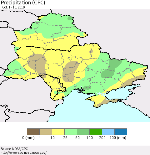 Ukraine, Moldova and Belarus Precipitation (CPC) Thematic Map For 10/1/2019 - 10/10/2019