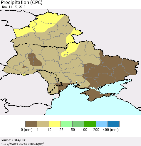Ukraine, Moldova and Belarus Precipitation (CPC) Thematic Map For 11/11/2019 - 11/20/2019