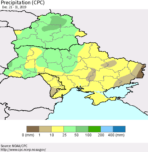 Ukraine, Moldova and Belarus Precipitation (CPC) Thematic Map For 12/21/2019 - 12/31/2019
