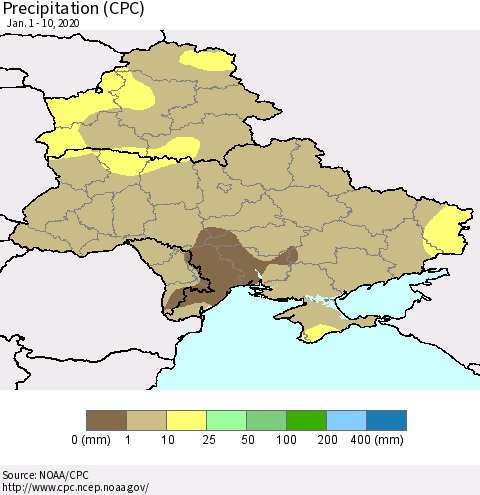 Ukraine, Moldova and Belarus Precipitation (CPC) Thematic Map For 1/1/2020 - 1/10/2020