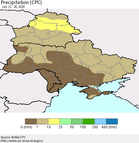 Ukraine, Moldova and Belarus Precipitation (CPC) Thematic Map For 1/11/2020 - 1/20/2020