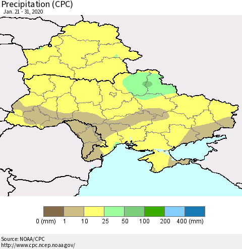 Ukraine, Moldova and Belarus Precipitation (CPC) Thematic Map For 1/21/2020 - 1/31/2020