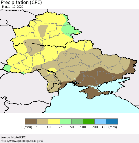 Ukraine, Moldova and Belarus Precipitation (CPC) Thematic Map For 3/1/2020 - 3/10/2020